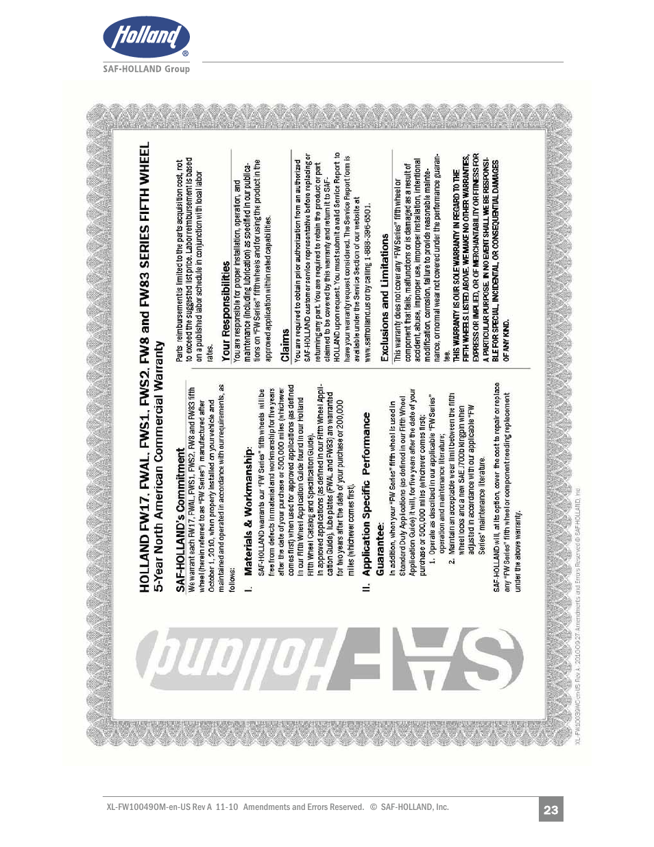 SAF-HOLLAND XL-FW10049OM AL Aluminum NoLube Series Fifth Wheels User Manual | Page 23 / 24