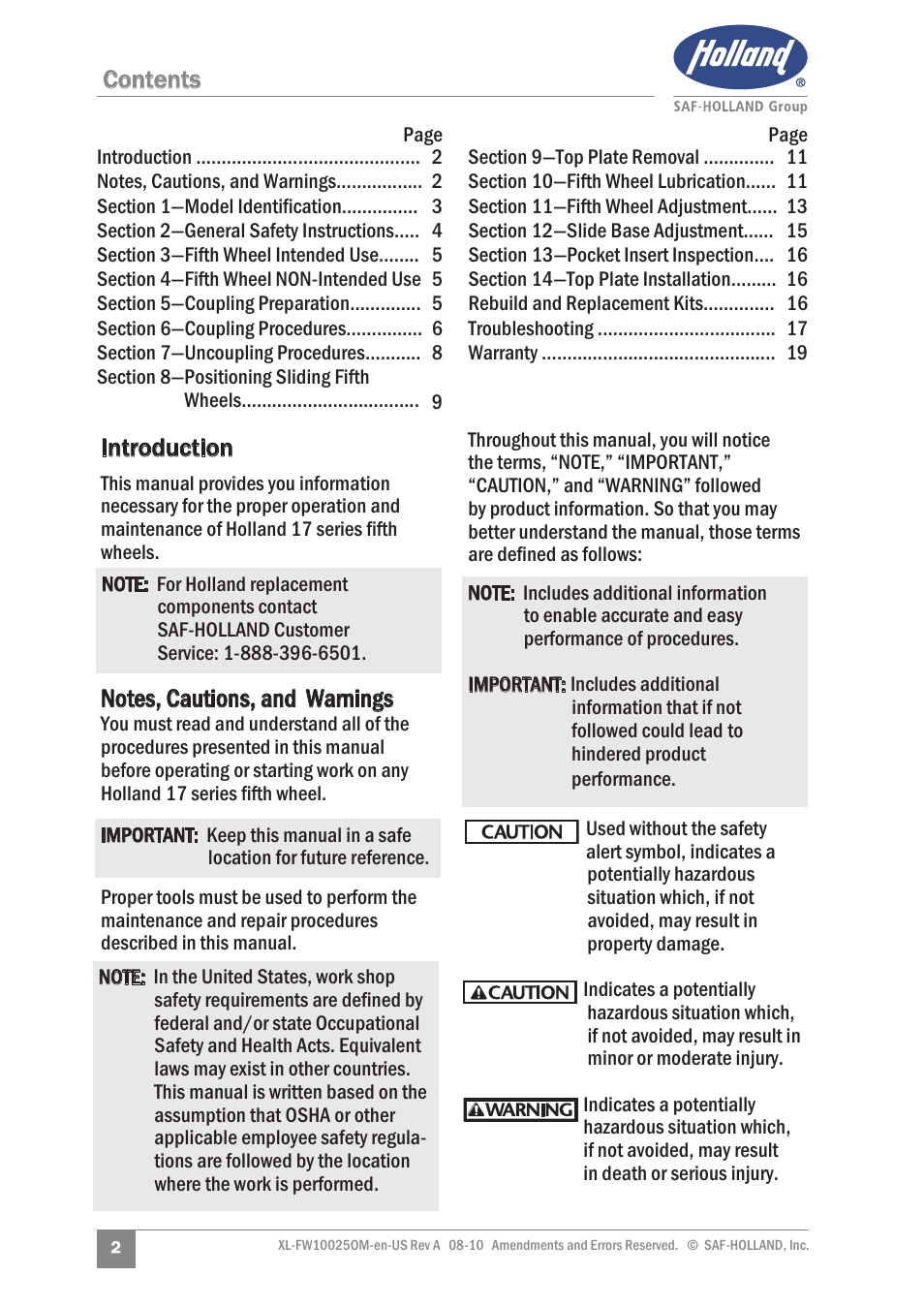 Contents introduction | SAF-HOLLAND XL-FW10025OM 17 Series Fifth Wheel User Manual | Page 2 / 20