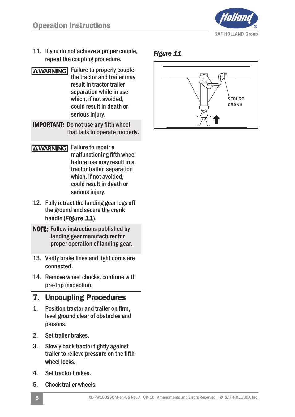 Operation instructions, Uncoupling procedures | SAF-HOLLAND XL-FW10025OM 17 Series Fifth Wheel User Manual | Page 8 / 20