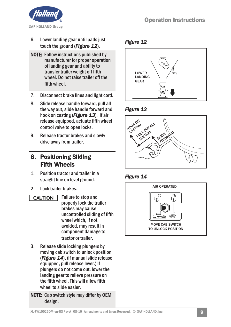 Operation instructions, Positioning sliding fifth wheels | SAF-HOLLAND XL-FW10025OM 17 Series Fifth Wheel User Manual | Page 9 / 20