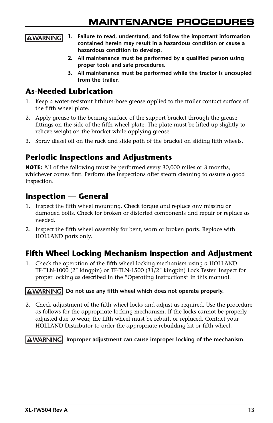 Maintenance procedures, As-needed lubrication, Periodic inspections and adjustments | Inspection — general | SAF-HOLLAND XL-FW504 FW35-S09623 Series Fifth Wheel User Manual | Page 13 / 20