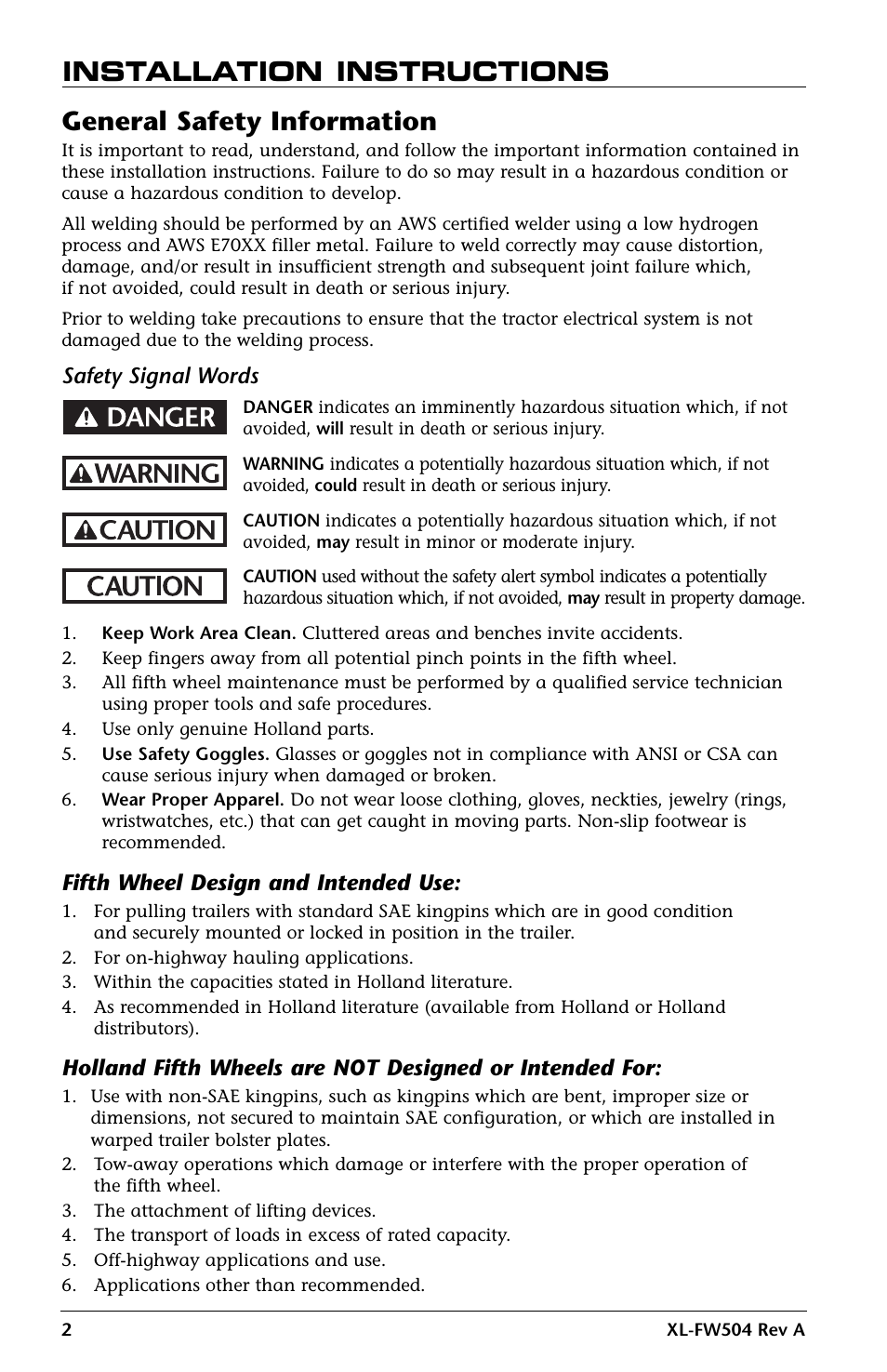 Safety signal words, Fifth wheel design and intended use | SAF-HOLLAND XL-FW504 FW35-S09623 Series Fifth Wheel User Manual | Page 2 / 20