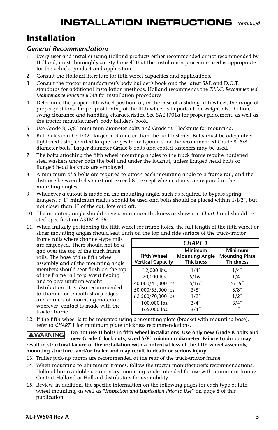 Installation instructions, Installation, General recommendations | Chart 1 | SAF-HOLLAND XL-FW504 FW35-S09623 Series Fifth Wheel User Manual | Page 3 / 20