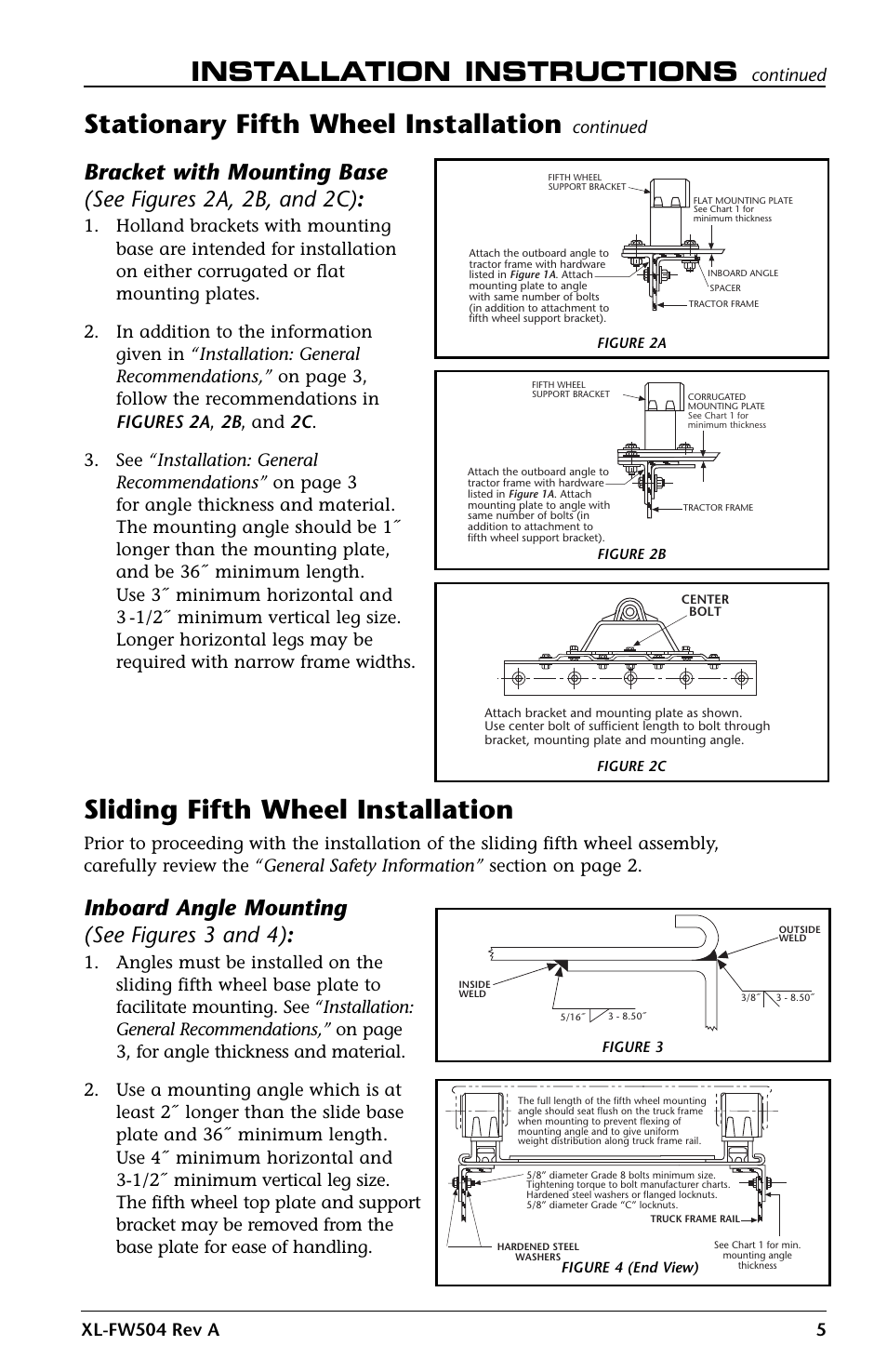 Installation instructions, Stationary fifth wheel installation, Sliding fifth wheel installation | Inboard angle mounting (see figures 3 and 4) | SAF-HOLLAND XL-FW504 FW35-S09623 Series Fifth Wheel User Manual | Page 5 / 20