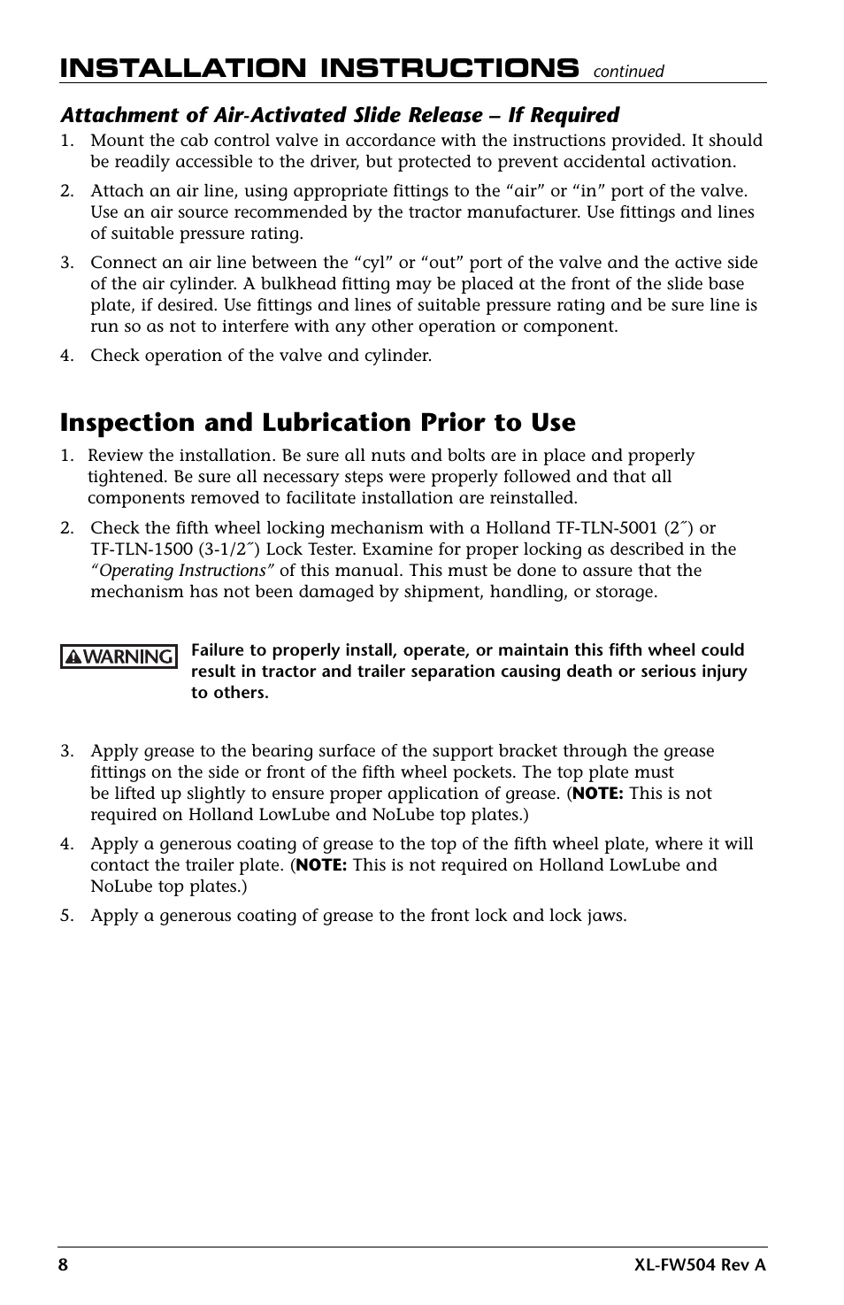 Installation instructions, Inspection and lubrication prior to use | SAF-HOLLAND XL-FW504 FW35-S09623 Series Fifth Wheel User Manual | Page 8 / 20