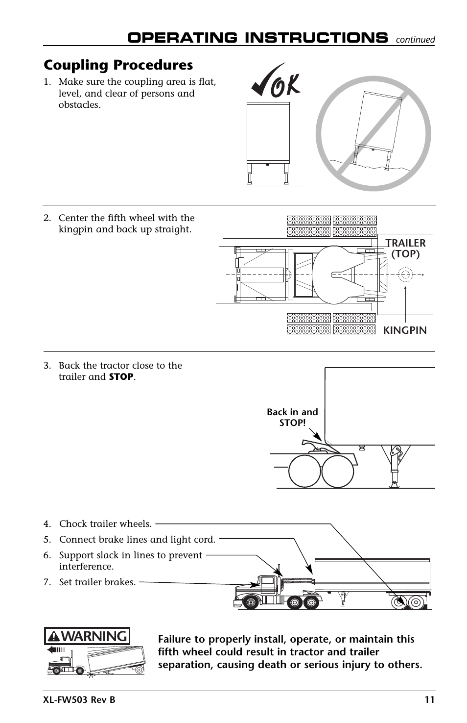 Operating instructions, Coupling procedures | SAF-HOLLAND XL-FW503 FleetMaster LowLube Series Fifth Wheels with Manual Sliding Secondary Lock XA-201-S10217, XA-201-S10579 & XA-231-S10217 User Manual | Page 11 / 24