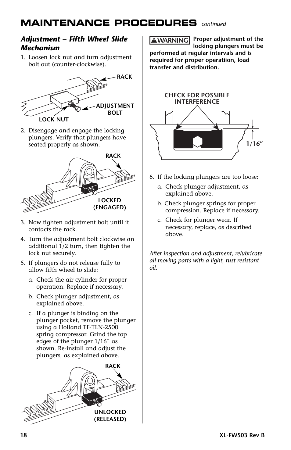 Maintenance procedures, Adjustment – fifth wheel slide mechanism | SAF-HOLLAND XL-FW503 FleetMaster LowLube Series Fifth Wheels with Manual Sliding Secondary Lock XA-201-S10217, XA-201-S10579 & XA-231-S10217 User Manual | Page 18 / 24