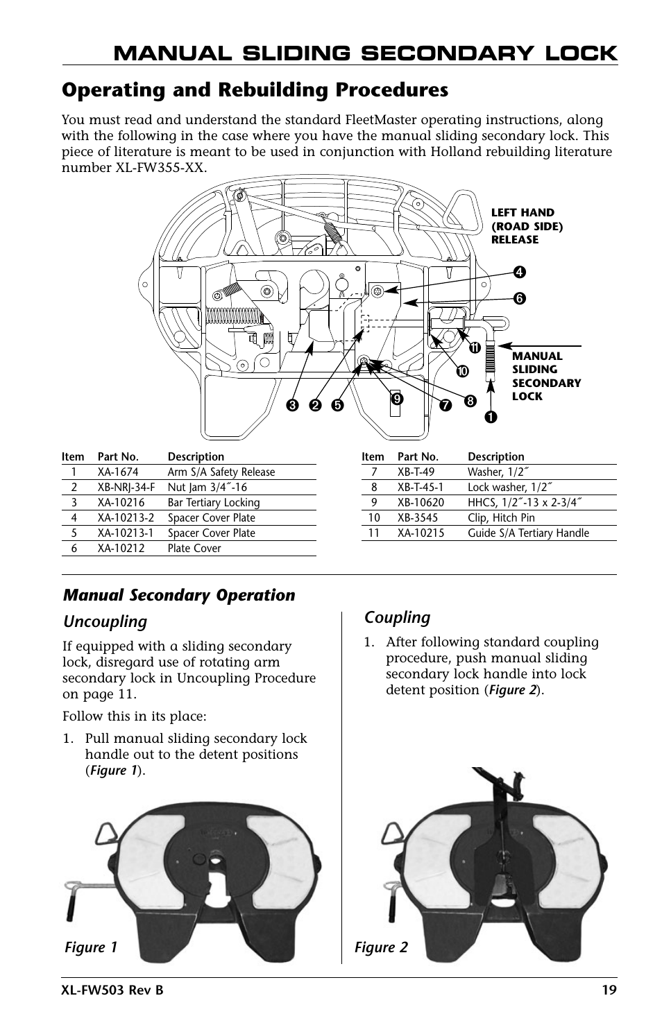 Manual secondary operation uncoupling, Coupling | SAF-HOLLAND XL-FW503 FleetMaster LowLube Series Fifth Wheels with Manual Sliding Secondary Lock XA-201-S10217, XA-201-S10579 & XA-231-S10217 User Manual | Page 19 / 24