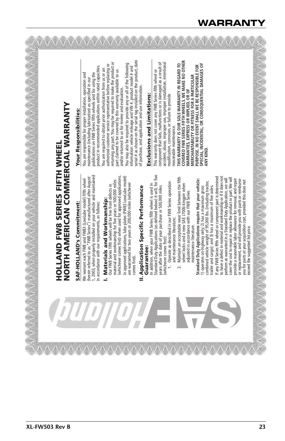 Warranty | SAF-HOLLAND XL-FW503 FleetMaster LowLube Series Fifth Wheels with Manual Sliding Secondary Lock XA-201-S10217, XA-201-S10579 & XA-231-S10217 User Manual | Page 23 / 24