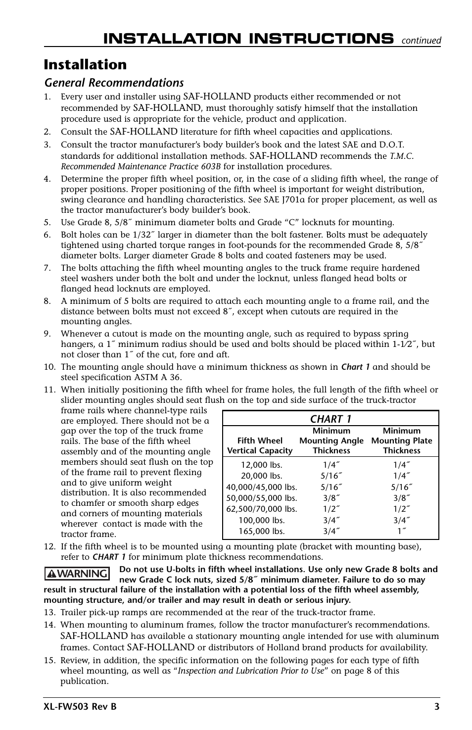 Installation instructions, Installation, General recommendations | Chart 1 | SAF-HOLLAND XL-FW503 FleetMaster LowLube Series Fifth Wheels with Manual Sliding Secondary Lock XA-201-S10217, XA-201-S10579 & XA-231-S10217 User Manual | Page 3 / 24