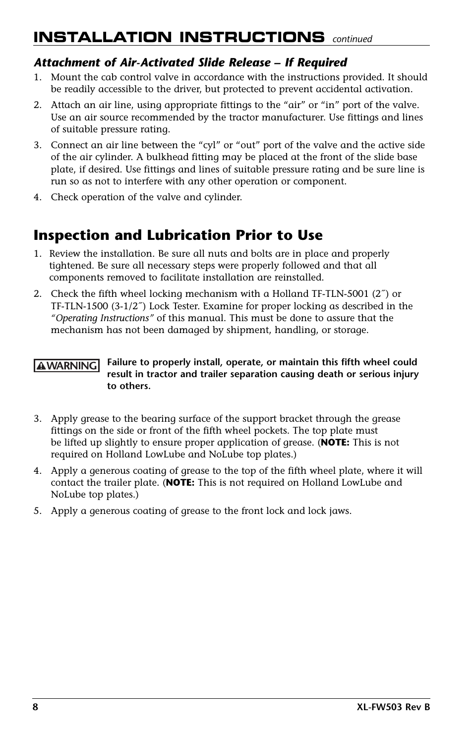 Inspection and lubrication prior to use, Installation instructions | SAF-HOLLAND XL-FW503 FleetMaster LowLube Series Fifth Wheels with Manual Sliding Secondary Lock XA-201-S10217, XA-201-S10579 & XA-231-S10217 User Manual | Page 8 / 24