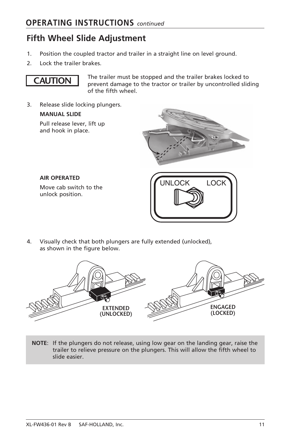 Operating instructions, Fifth wheel slide adjustment, Unlock lock | SAF-HOLLAND XL-FW436-01 FW31 Series Fifth Wheels with Traditional Slider User Manual | Page 11 / 20