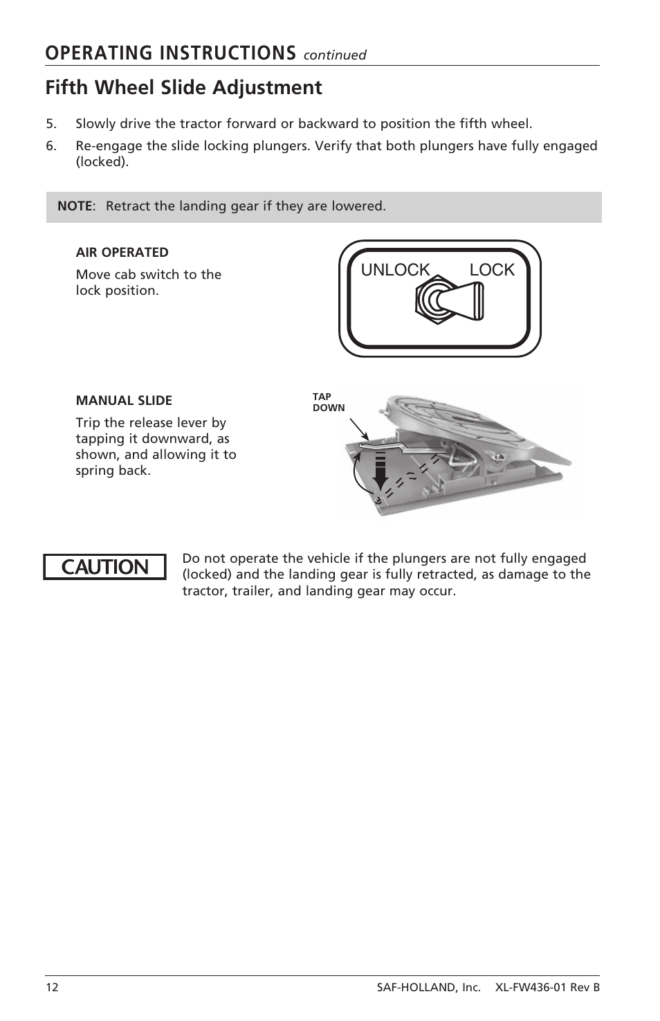 Operating instructions, Fifth wheel slide adjustment, Unlock lock | SAF-HOLLAND XL-FW436-01 FW31 Series Fifth Wheels with Traditional Slider User Manual | Page 12 / 20