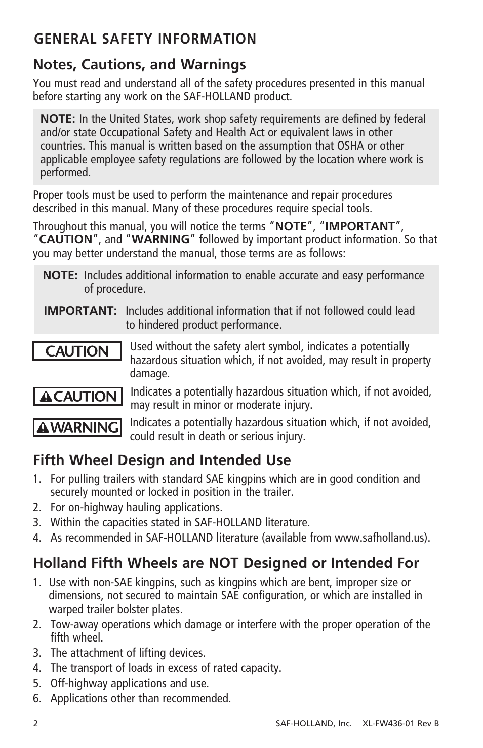 Fifth wheel design and intended use | SAF-HOLLAND XL-FW436-01 FW31 Series Fifth Wheels with Traditional Slider User Manual | Page 2 / 20