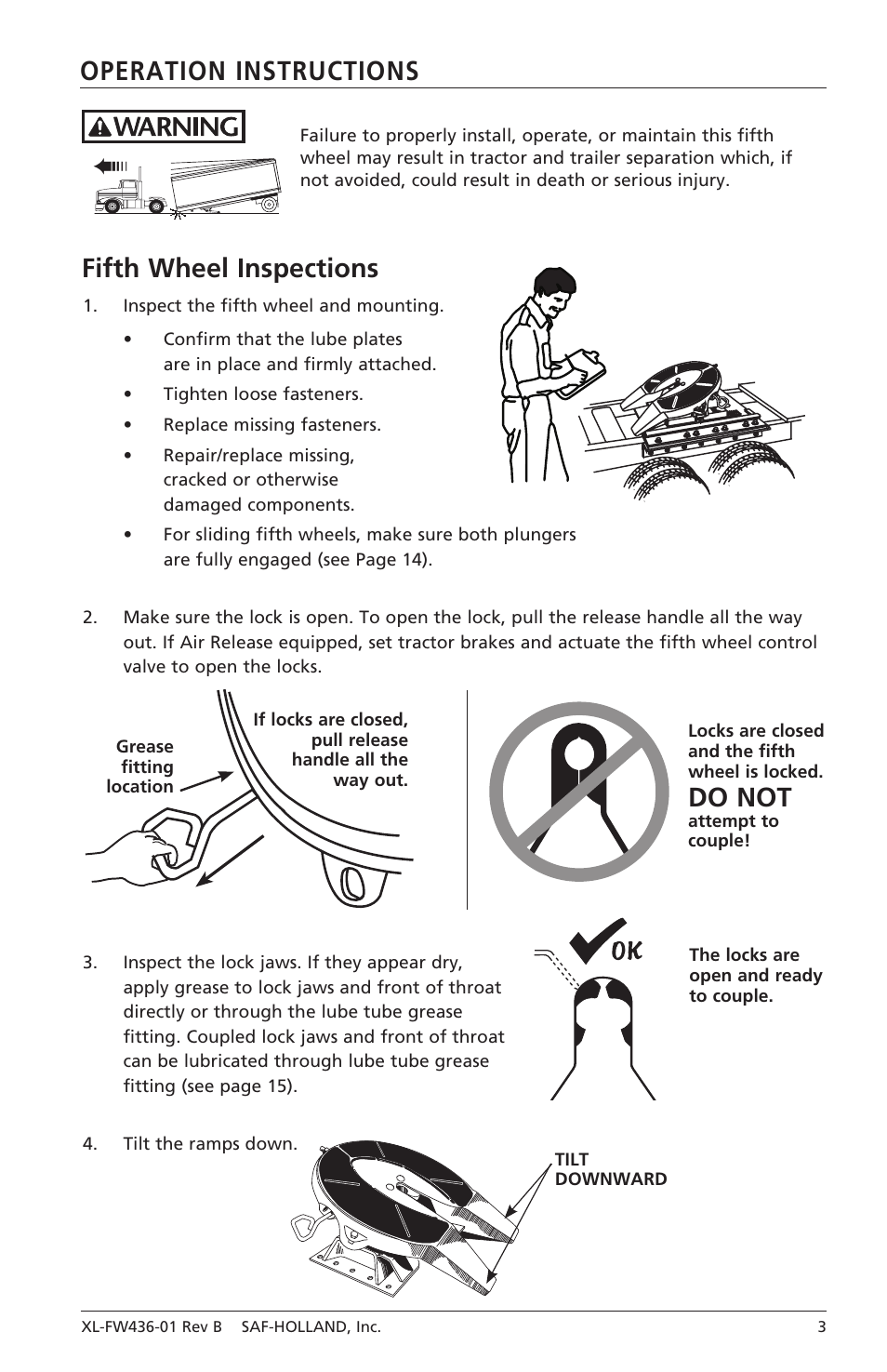 Operation instructions fifth wheel inspections, Do not | SAF-HOLLAND XL-FW436-01 FW31 Series Fifth Wheels with Traditional Slider User Manual | Page 3 / 20