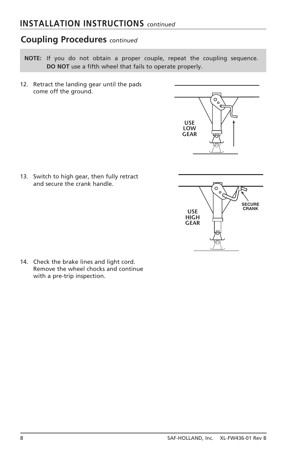 Installation instructions, Coupling procedures | SAF-HOLLAND XL-FW436-01 FW31 Series Fifth Wheels with Traditional Slider User Manual | Page 8 / 20