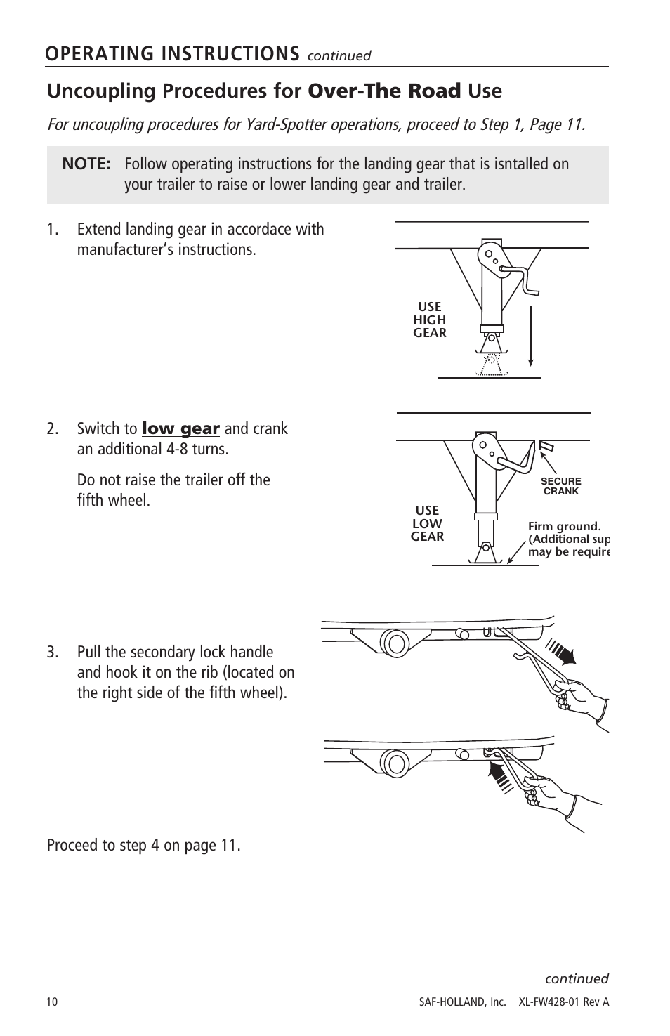 Operating instructions, Uncoupling procedures for over-the road use | SAF-HOLLAND XL-FW428-01 FW2800 Series Hydraulic Elevating Fifth Wheels User Manual | Page 10 / 16