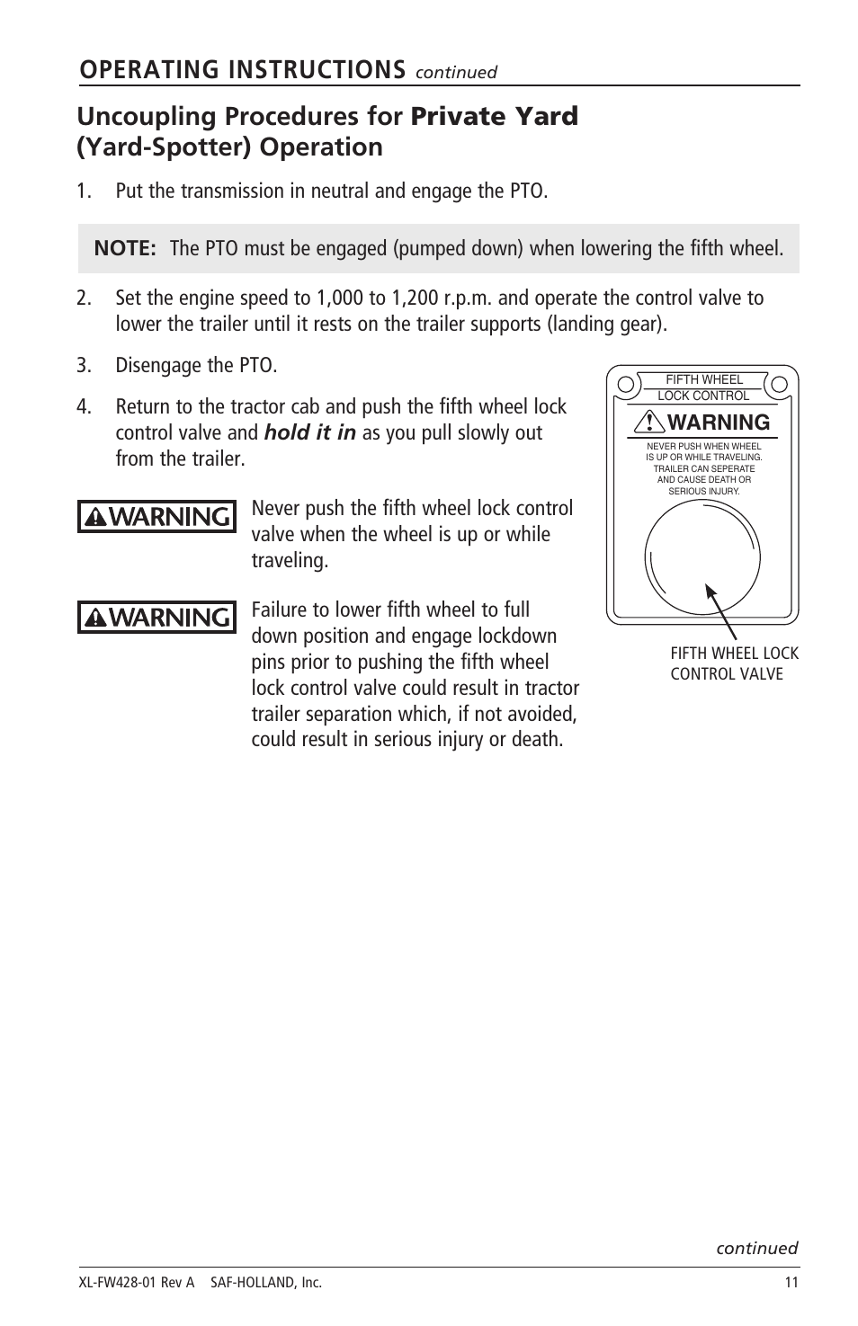 Operating instructions | SAF-HOLLAND XL-FW428-01 FW2800 Series Hydraulic Elevating Fifth Wheels User Manual | Page 11 / 16