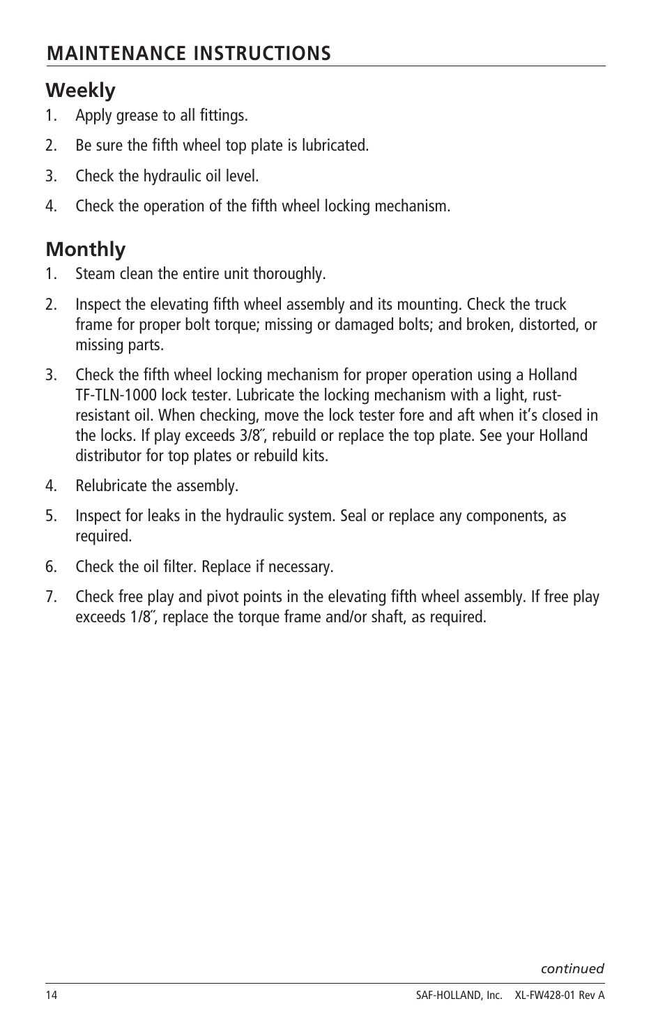 Maintenance instructions, Weekly, Monthly | SAF-HOLLAND XL-FW428-01 FW2800 Series Hydraulic Elevating Fifth Wheels User Manual | Page 14 / 16