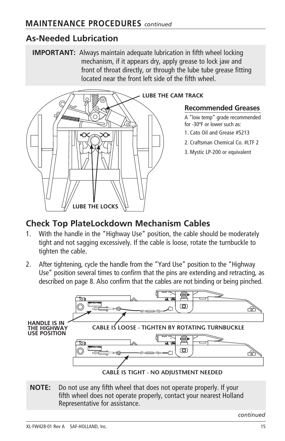 Maintenance procedures, As-needed lubrication, Check top platelockdown mechanism cables | SAF-HOLLAND XL-FW428-01 FW2800 Series Hydraulic Elevating Fifth Wheels User Manual | Page 15 / 16