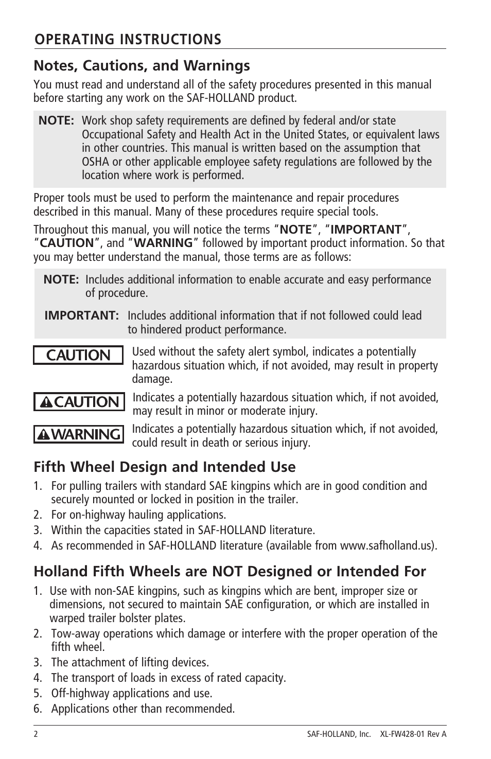 Operating instructions, Fifth wheel design and intended use | SAF-HOLLAND XL-FW428-01 FW2800 Series Hydraulic Elevating Fifth Wheels User Manual | Page 2 / 16