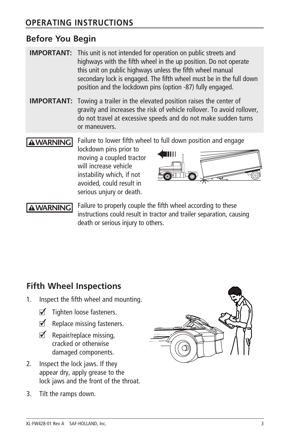 Operating instructions before you begin, Fifth wheel inspections | SAF-HOLLAND XL-FW428-01 FW2800 Series Hydraulic Elevating Fifth Wheels User Manual | Page 3 / 16