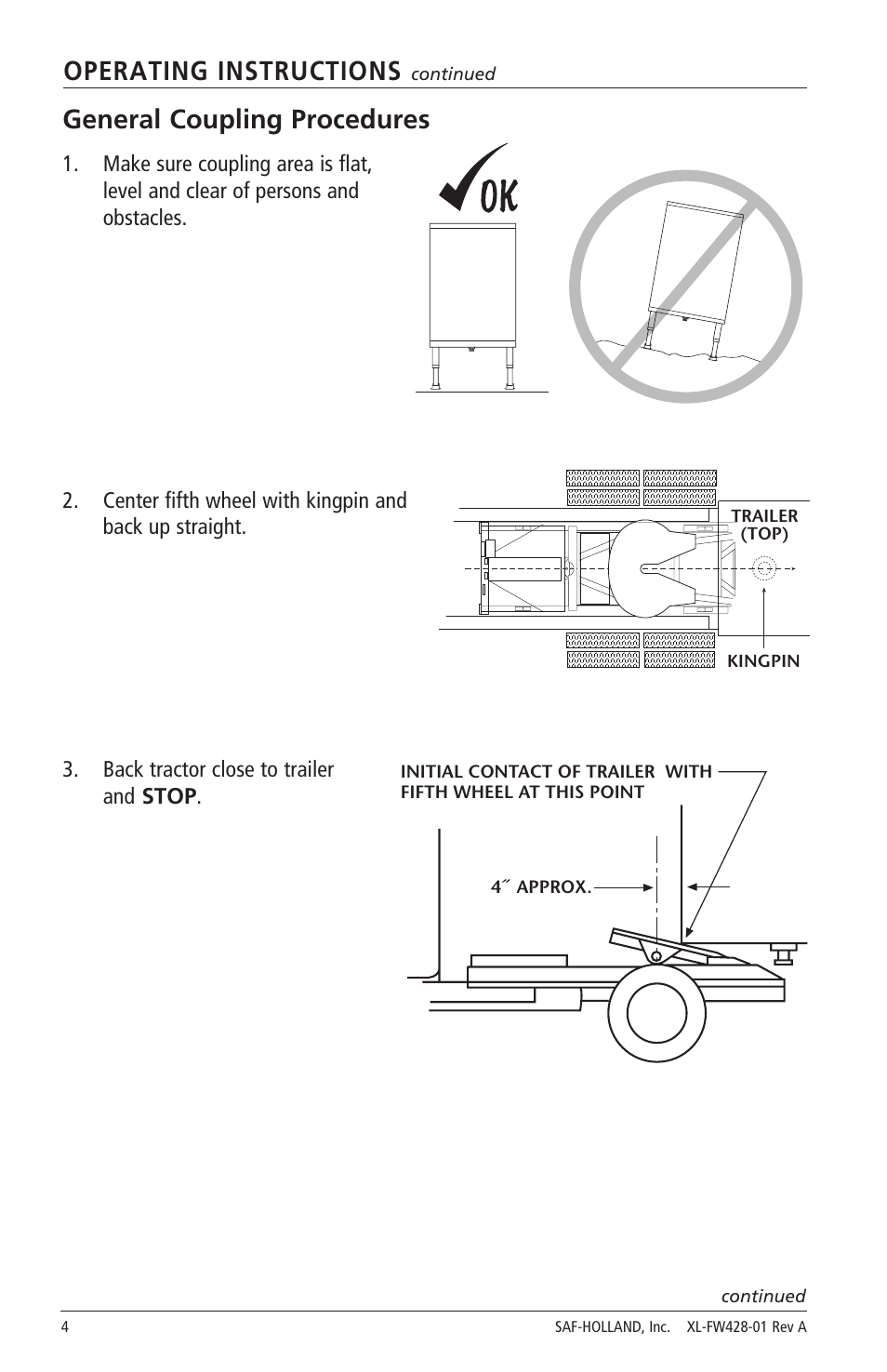 Operating instructions, General coupling procedures | SAF-HOLLAND XL-FW428-01 FW2800 Series Hydraulic Elevating Fifth Wheels User Manual | Page 4 / 16