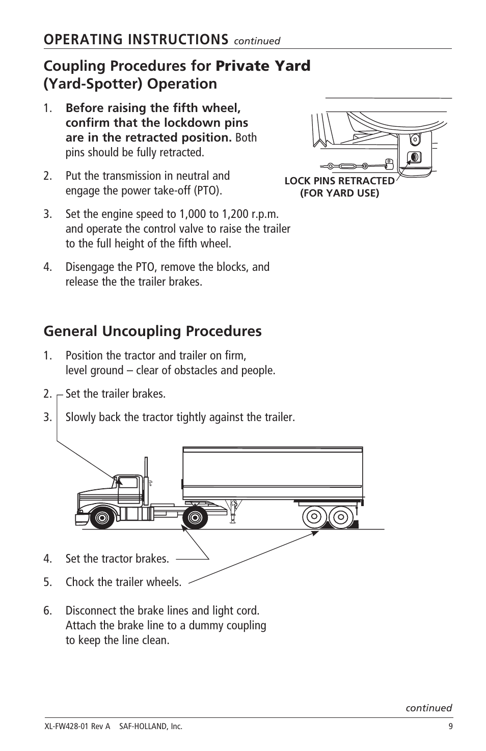 Operating instructions, General uncoupling procedures | SAF-HOLLAND XL-FW428-01 FW2800 Series Hydraulic Elevating Fifth Wheels User Manual | Page 9 / 16