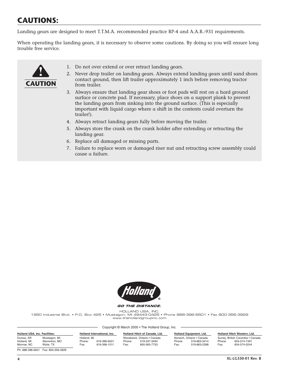 Cautions, Caution | SAF-HOLLAND XL-LG330-01 Challenger Series - Model 50000 User Manual | Page 4 / 4