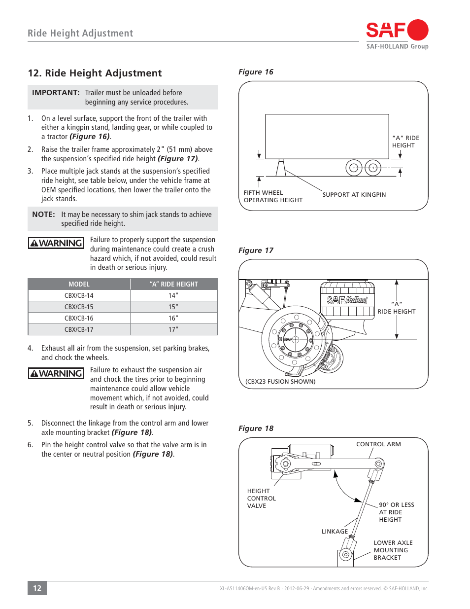 Ride height adjustment | SAF-HOLLAND XL-AS11406OM CBX/CB Series Fixed Frame Top Mount Trailer Air Suspension User Manual | Page 12 / 20