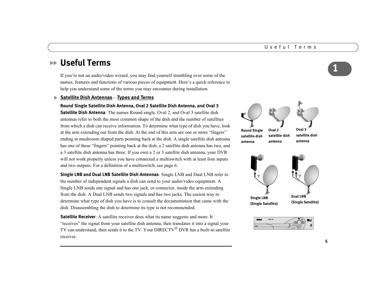 Useful terms, Satellite dish antennas—types and terms | DirecTV DVR39 User Manual | Page 16 / 176