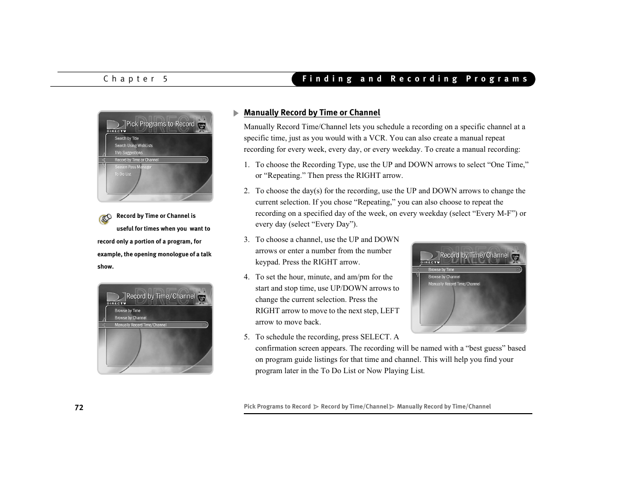 Manually record by time or channel | DirecTV DVR39 User Manual | Page 83 / 176