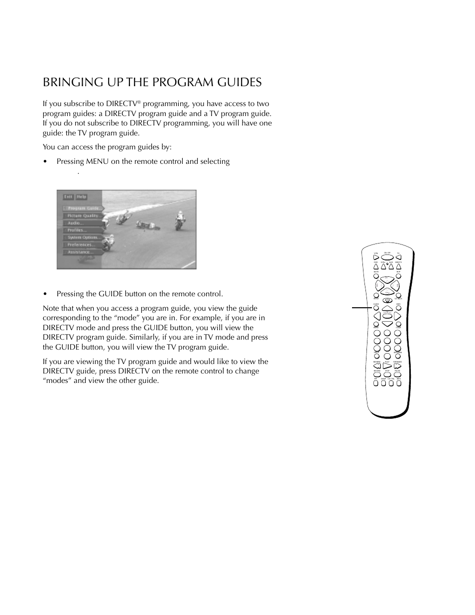 Bringing up the program guides, Using the program guides, If you subscribe to directv | Guide button | DirecTV HDTV User Manual | Page 35 / 98