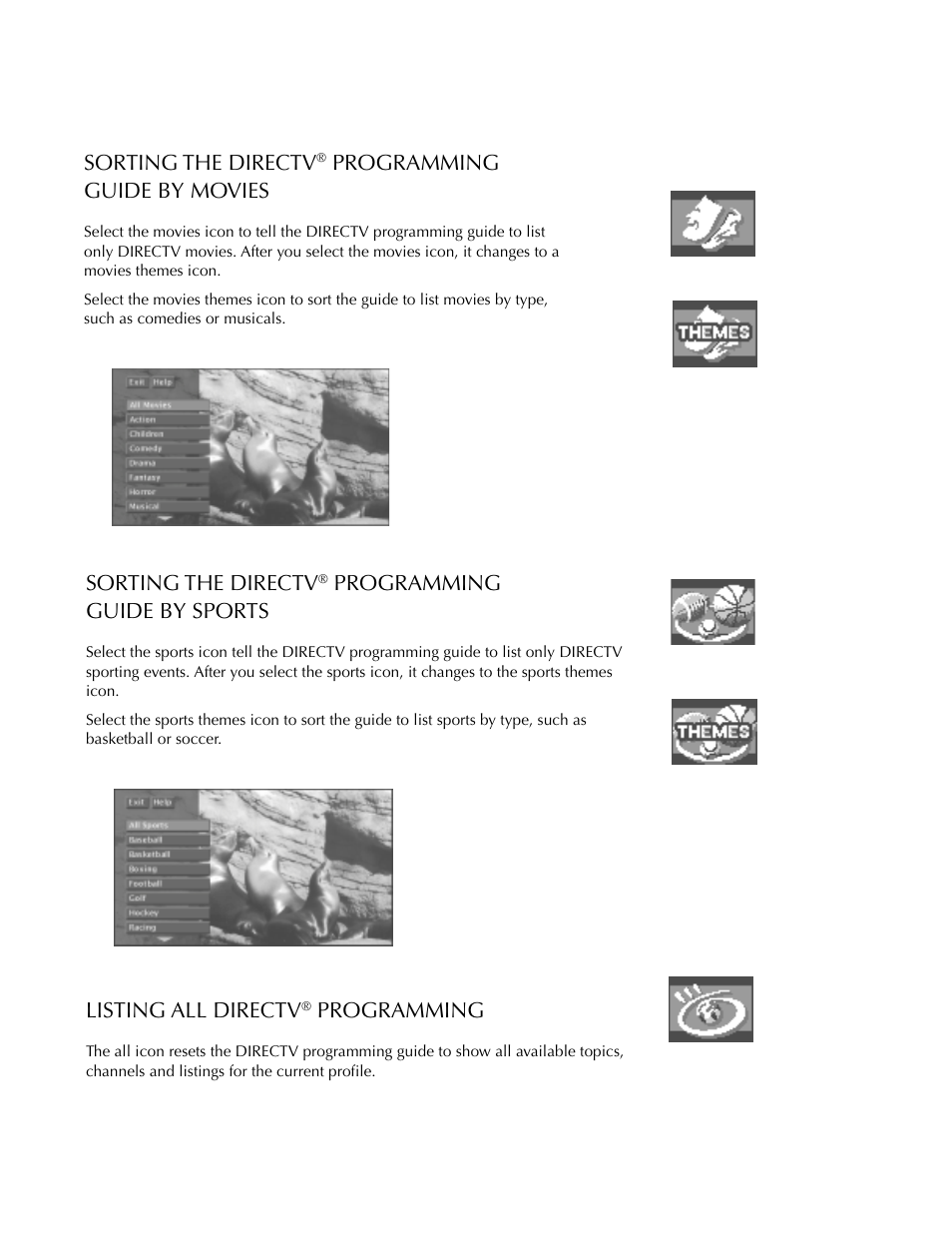 Using the program guides, Sorting the directv, Programming guide by movies | Programming guide by sports, Listing all directv, Programming | DirecTV HDTV User Manual | Page 42 / 98
