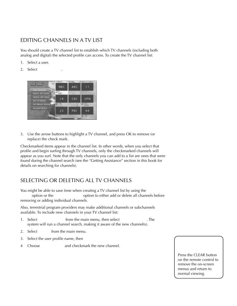The tv setup, Editing channels in a tv list, Selecting or deleting all tv channels | Using the profiles | DirecTV HDTV User Manual | Page 56 / 98