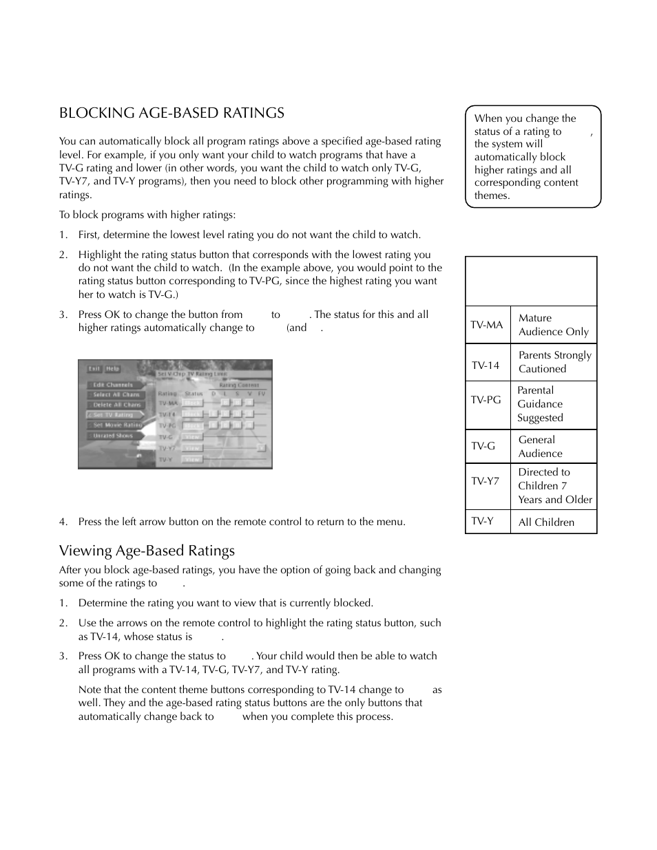 Blocking age-based ratings, Using the profiles, Viewing age-based ratings | DirecTV HDTV User Manual | Page 59 / 98