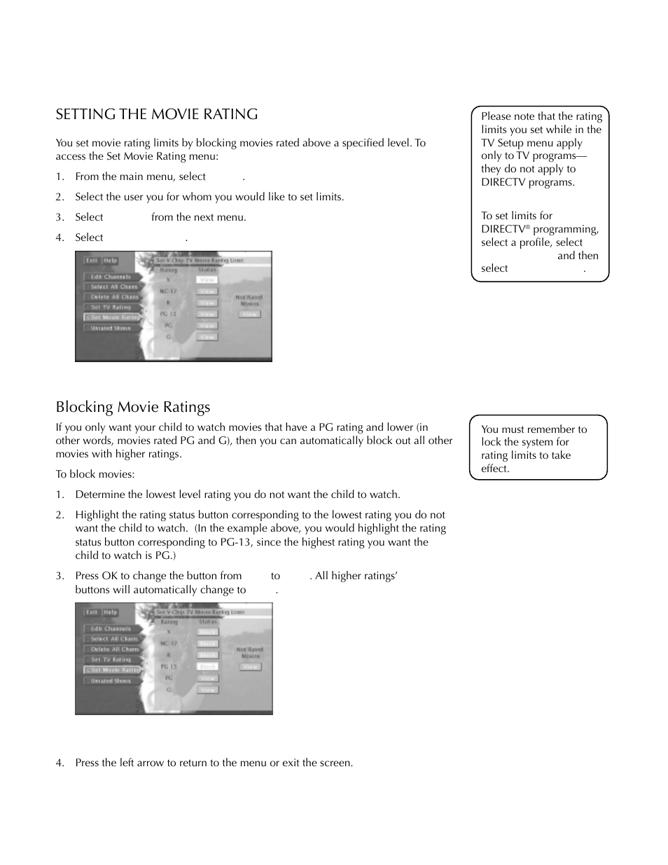 Setting the movie rating, Using the profiles, Blocking movie ratings | DirecTV HDTV User Manual | Page 61 / 98