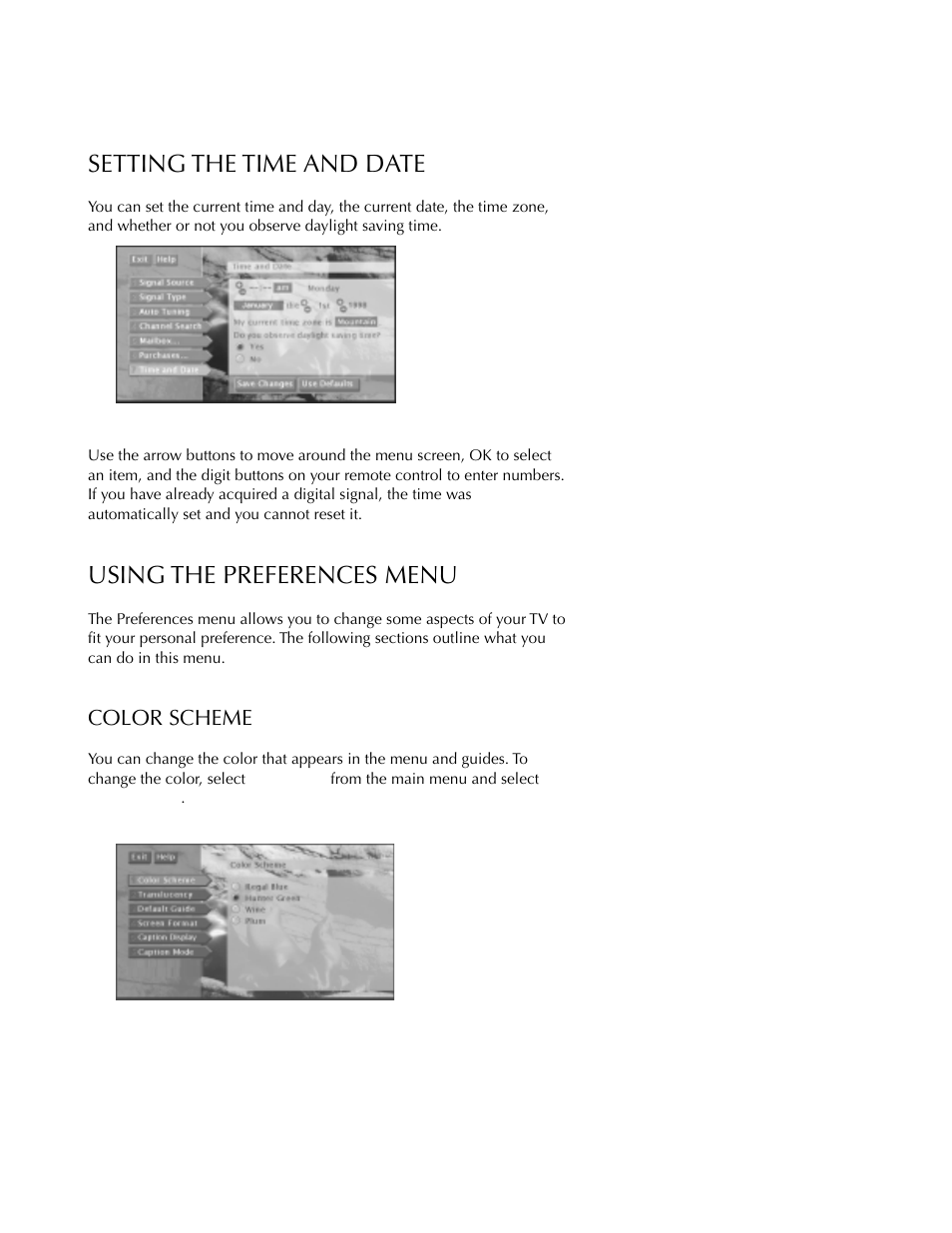 Setting the time and date, Using the preferences menu, System options and preferences | DirecTV HDTV User Manual | Page 74 / 98