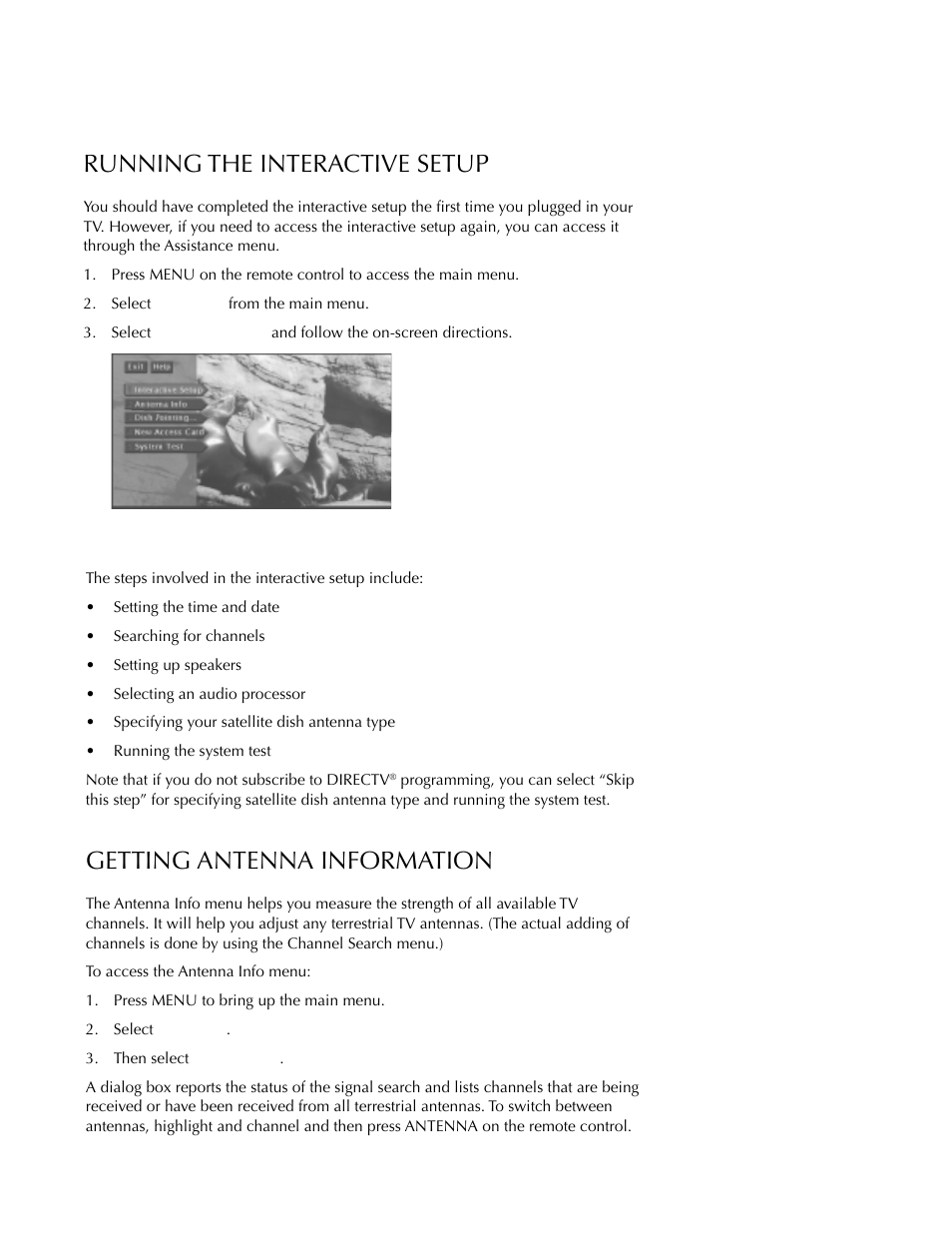 Running the interactive setup, Getting antenna information, Getting assistance | DirecTV HDTV User Manual | Page 79 / 98