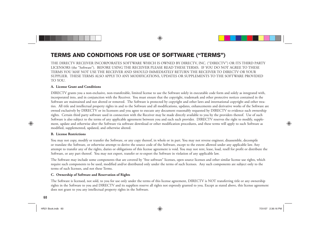 Terms and conditions for use of software (“terms”) | DirecTV HD DVR User Manual | Page 71 / 108