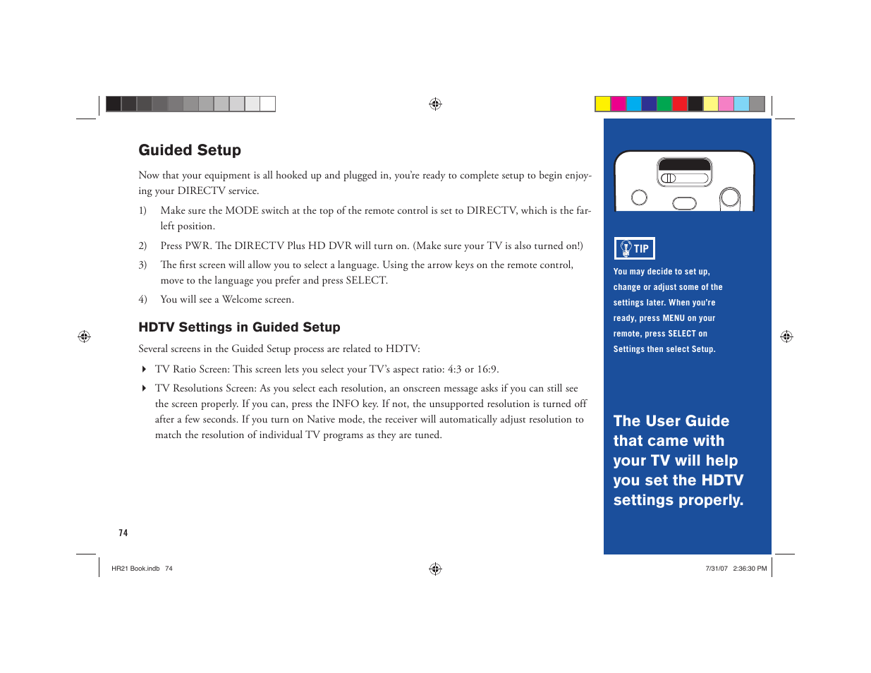 Guided setup, Hdtv settings in guided setup | DirecTV HD DVR User Manual | Page 85 / 108