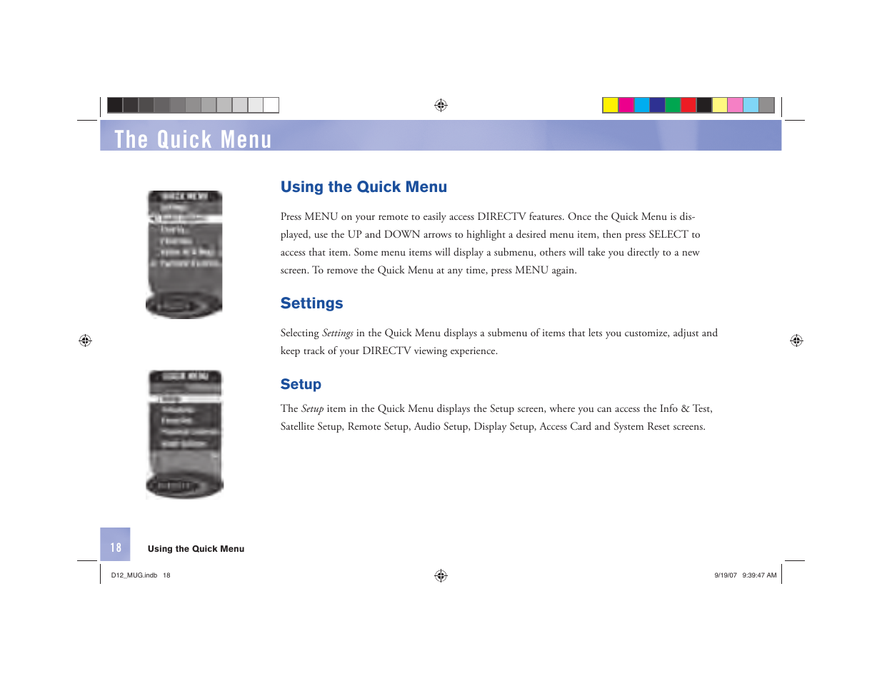 The quick menu, Using the quick menu, Settings | DirecTV D12 User Manual | Page 24 / 79