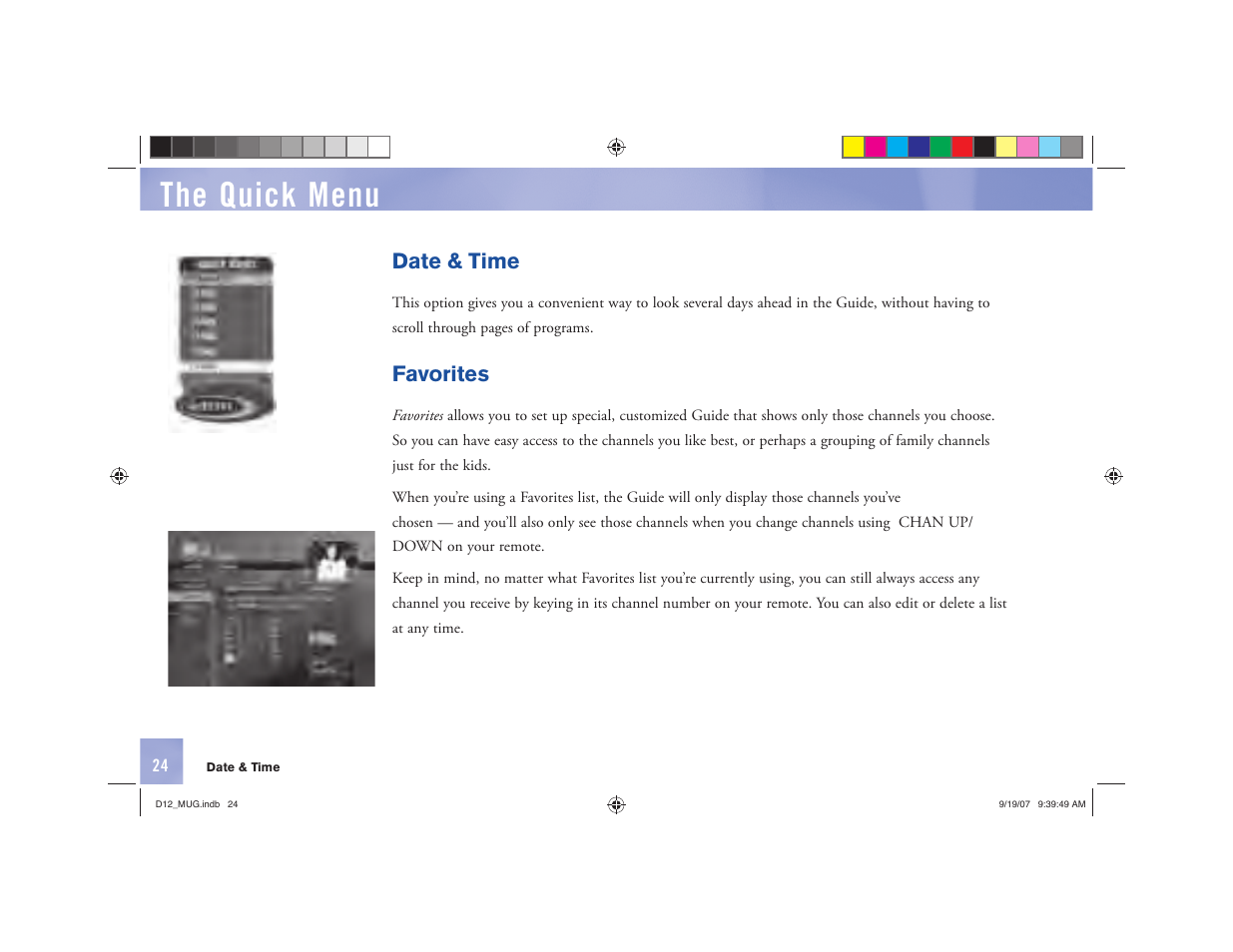 The quick menu, Date & time, Favorites | DirecTV D12 User Manual | Page 30 / 79