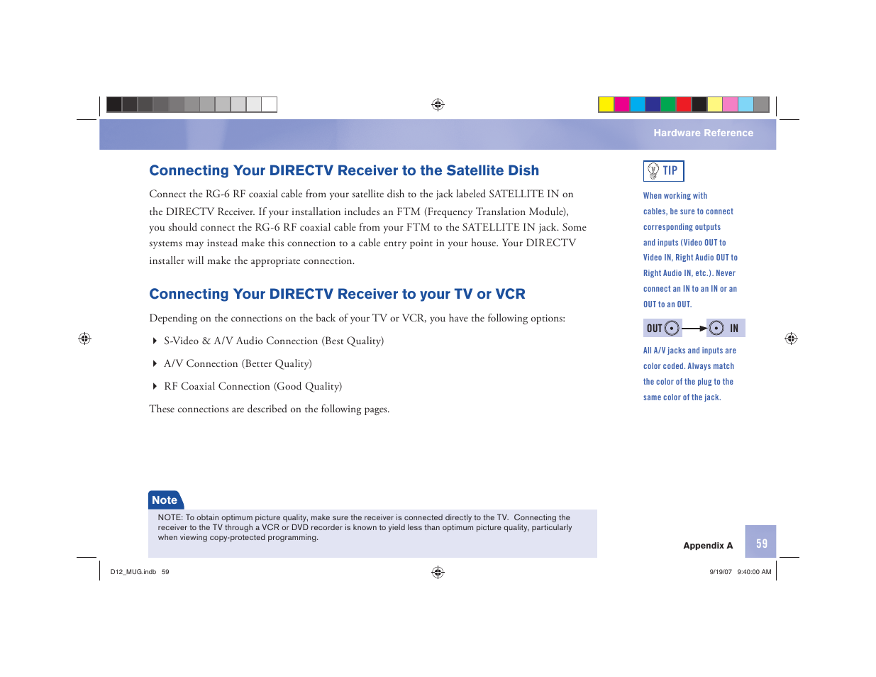 Connecting your directv receiver to your tv or vcr | DirecTV D12 User Manual | Page 65 / 79