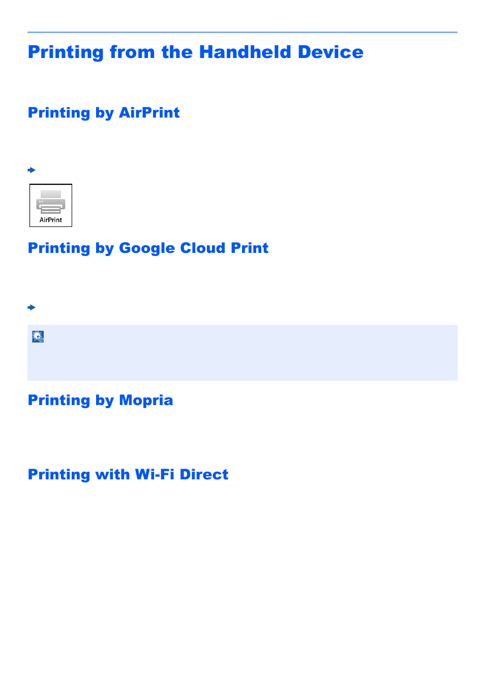 Printing from the handheld device, Printing by airprint, Printing by google cloud print | Printing by mopria, Printing with wi-fi direct, Printing from the handheld device -16 | Kyocera TASKalfa 2552ci User Manual | Page 198 / 682