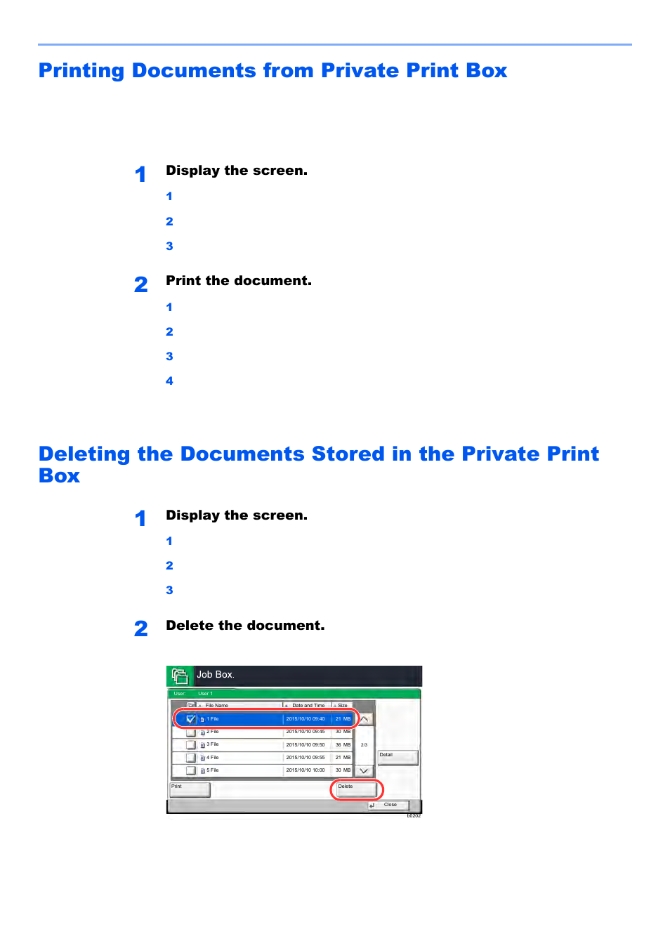 Printing documents from private print box, Display the screen, Print the document | Delete the document | Kyocera TASKalfa 2552ci User Manual | Page 201 / 682