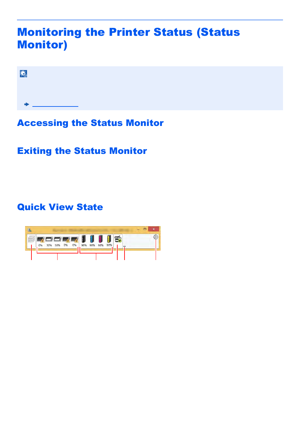 Monitoring the printer status (status monitor), Accessing the status monitor, Exiting the status monitor | Quick view state, Monitoring the printer status (status monitor) -23 | Kyocera TASKalfa 2552ci User Manual | Page 205 / 682
