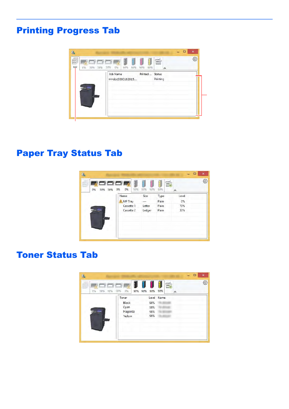 Printing progress tab, Paper tray status tab, Toner status tab | Kyocera TASKalfa 2552ci User Manual | Page 206 / 682