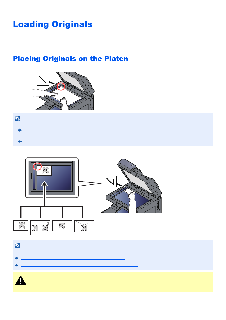 Loading originals, Placing originals on the platen, Loading originals -2 | Placing originals on the platen -2, Caution | Kyocera TASKalfa 2552ci User Manual | Page 210 / 682