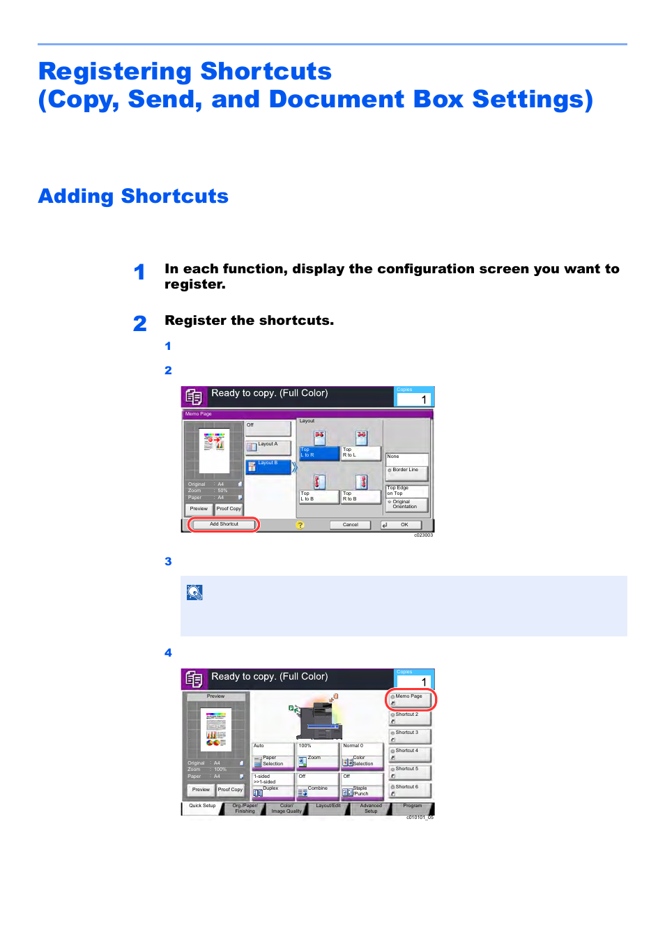 Adding shortcuts, Adding shortcuts -17, Register the shortcuts | Kyocera TASKalfa 2552ci User Manual | Page 225 / 682